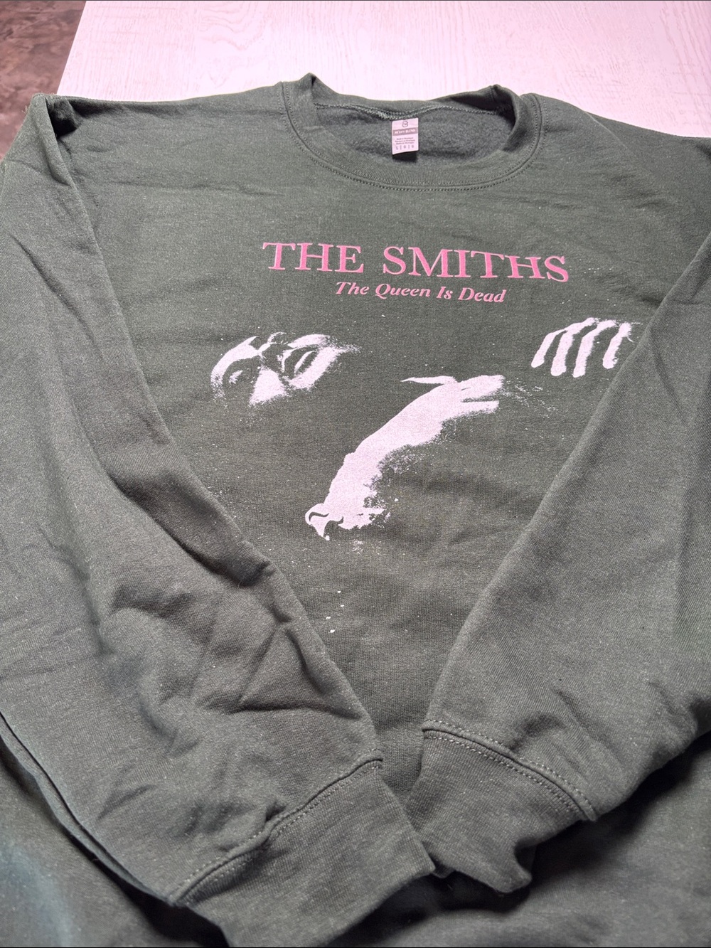 Gildan Dark Green Crewneck with Pink 'The Smiths' Graphic